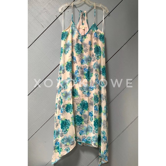 Blue & Green Vibrant Floral Print Maxi Dress Spaghetti Straps Uneven Hem - Picture 7 of 14